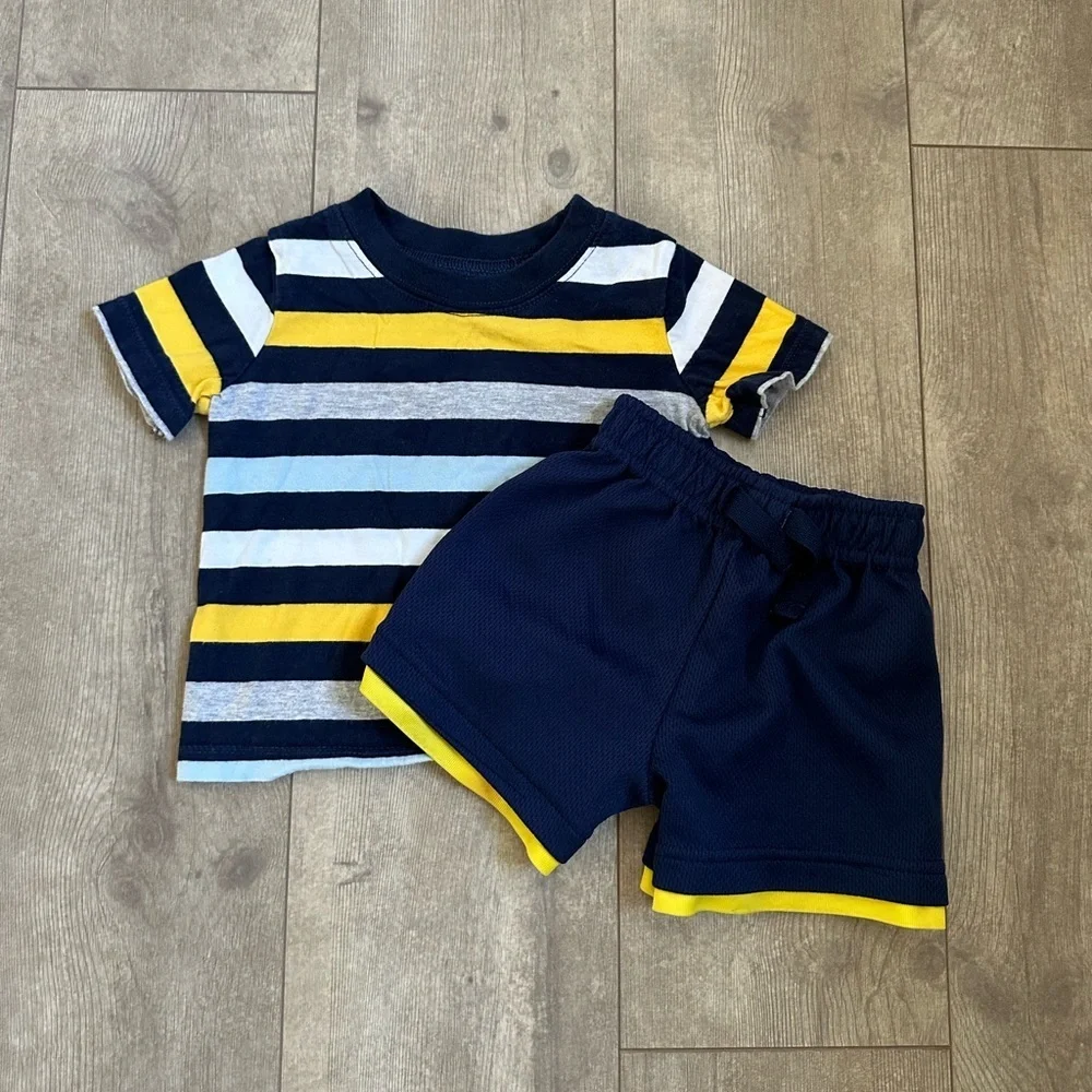 12 M Baby Boy Outfit Athletic Shorts & Stripe Shirt Carter’s Garanimals Clothes